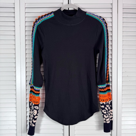 Free People Switch It Up Boho Thermal Mock Neck Crochet Cuff Top Black XL - Picture 2 of 9